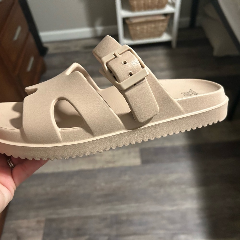 Beige Slide Sandals with Buckle